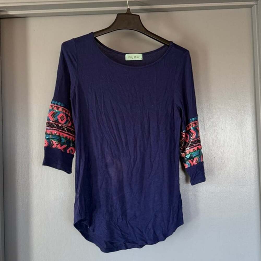 Filly Flair Women's Blue Pullover Top 3/4 Sleeves Scoop Neck Sequins sz M